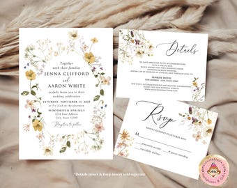 Printed 5X7 Watercolor Wildflower Floral Wedding Invitation, Watercolor Garden Wedding Invitation, Spring Field Summer Wildflower Wedding