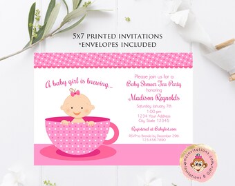 Printed, Baby Shower Tea Party Invitations, Baby Girl Tea Party, Baby Shower Tea, Pink Tea Baby Shower, 5X7" Printed with envelopes