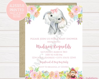 Custom PRINTED 4.25X5.5 Watercolor Pink Floral, Elephant, Baby Shower, Elephant Baby Shower Invitation, kraft or white envelope