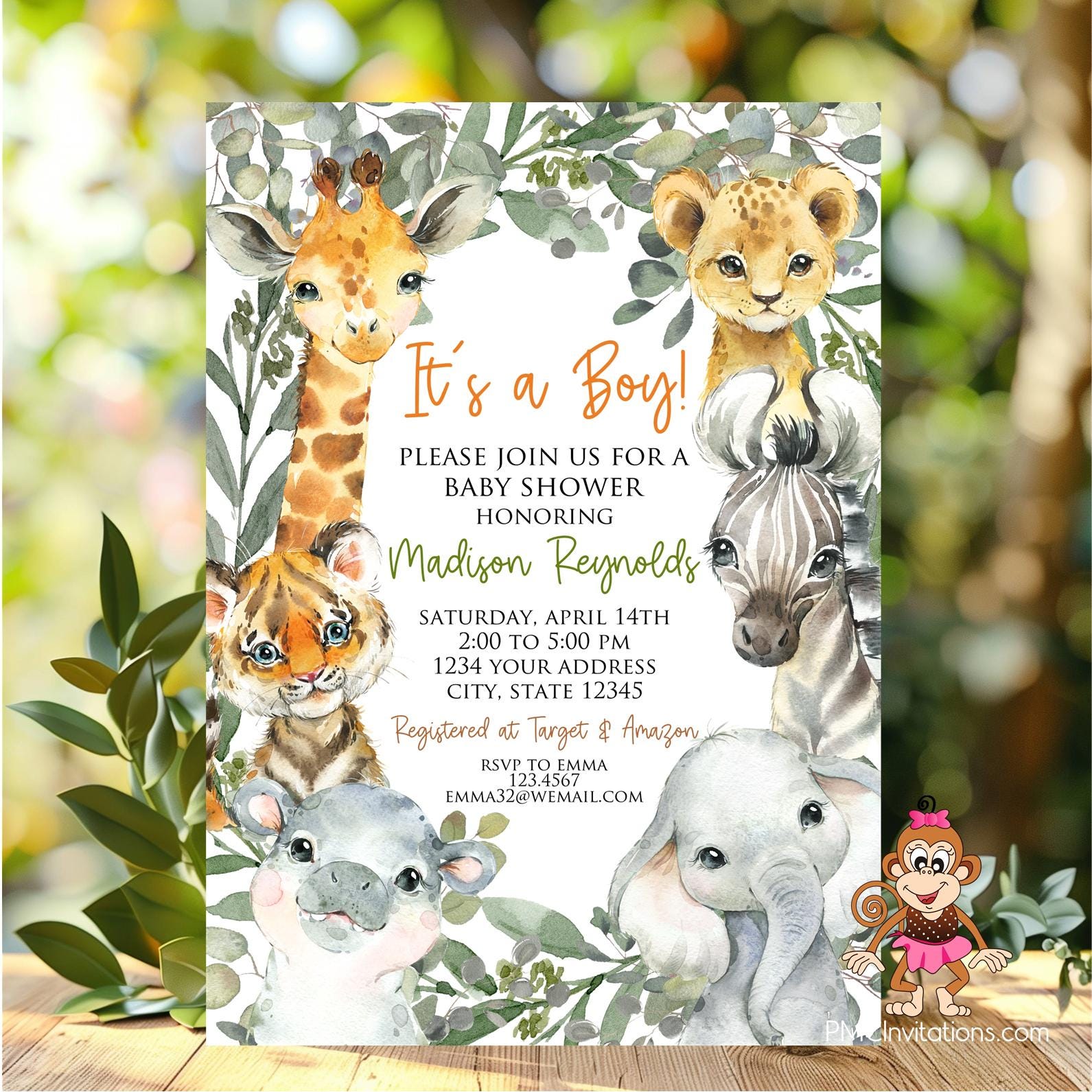 Printed 5x7", Safari Animal Baby Shower Invitation Greenery. Jungle baby shower Invitation. Zoo Animal Baby Shower Invitation