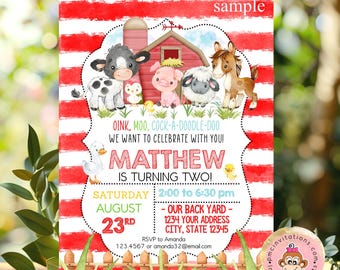 May include: Red and white striped background with a watercolour effect. A farm scene with a red barn, a cow, a pig, a sheep, a horse, and a chick. The text "OINK, MOO, COCK-A-DOODLE-DOO WE WANT TO CELEBRATE WITH YOU! MATTHEW IS TURNING TWO! SATURDAY 2:00 to 6:30 pm AUGUST 23RD OUR BACK YARD 1234 YOUR ADDRESS CITY, STATE 12345 RSVP to Amanda 123.4567 or amanda32@email.com" is on the invitation.