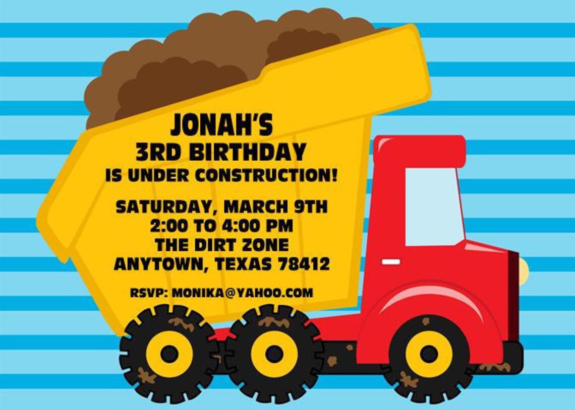 Custom Printed Dump Truck Birthday Party Invitations 1.00 - Etsy