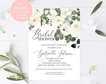 Custom Printed 5X7" Watercolor White Floral Bridal Shower Invitations, Greenery Floral Bridal Shower Invitation, Bride to be, with env.