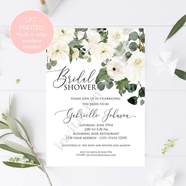 Custom Printed 5X7" Watercolor White Floral Bridal Shower Invitations, Greenery Floral Bridal Shower Invitation, Bride to be, with env.