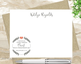 Custom Note Cards, Philippians 4:13, Bible Verse, Personalized Stationery Set, Personalized Stationery, Religious Notecard, FREE SHIPPING