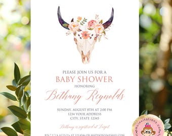 Custom Printed 5X7 Boho Scull Cow Baby Shower Invitation, Watercolor Boho Floral, Baby Shower, Floral Boho Skull Baby Shower