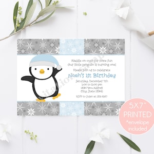 Printed Winter Penguin Birthday Invitation, Penguin Birthday, Penguin Boy 1.00 each with envelope image 1