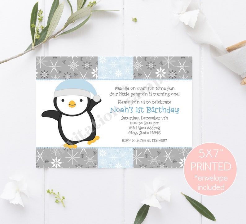 Printed Winter Penguin Birthday Invitation, Penguin Birthday, Penguin Boy 1.00 each with envelope image 1