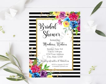 Custom PRINTED 4.25X5.5 Watercolor Summer Floral, Colorful Spring Floral, Baby Shower, Bridal Shower Invitation, envelope included