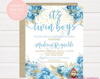 Custom PRINTED 4.25X5.5 Watercolor Blue Floral Twins Baby Shower, Twin Baby Shower, Boy Twins Baby Shower Invitation, kraft white envelopes