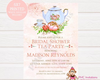 CUSTOM PRINTED Watercolor Floral Bridal Shower Tea Party Invitations - Bridal Party Invitation - 1.00 each with envelope