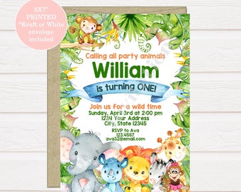 Custom PRINTED Safari, Jungle Birthday Invitation, Boy or Girl Jungle Animals Birthday Invitation - 1.00 each with envelope