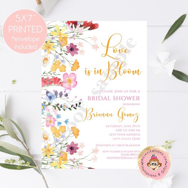 Printed 5x7" Love is in bloom Bridal Shower Invitation, Floral Bridal Shower Invitation, Pink Yellow Blue Floral, Bridal Shower Invitation