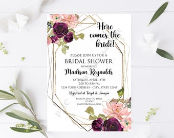 Custom Printed 5X7" Watercolor Pink Purple Floral Bridal Shower Invitations, Floral Bridal Shower Invitation, white or kraft envelopes