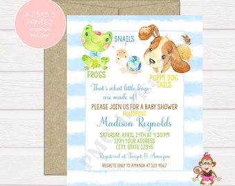 Custom PRINTED 4.25X5.5 Watercolor, Frogs Snails Puppy Dog Tails Baby Shower Invitation, envelopes included