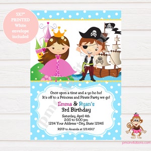Custom Printed 5X7&quot; Princess and Pirate Birthday Invitations, Boy Girl Birthday, Brunette or Blonde - 1.00 each with envelope
