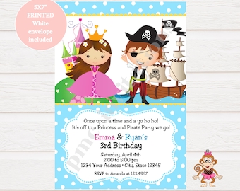 Custom Printed 5X7" Princess and Pirate Birthday Invitations, Boy Girl Birthday, Brunette or Blonde - 1.00 each with envelope