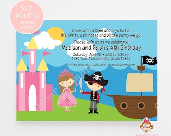 Invitación de cumpleaños impresa de princesa y pirata, cumpleaños de niña, cumpleaños de princesa, cumpleaños de niños, cumpleaños de pirata, sobres incluidos