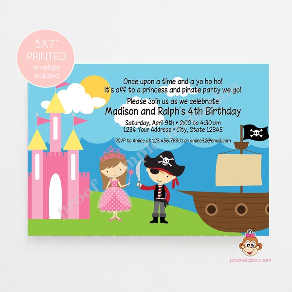 Printed Princess and Pirate Birthday Invitation, Boy girl birthday, Princess Birthday, kids birthday, Pirate Birthday, envelopes included