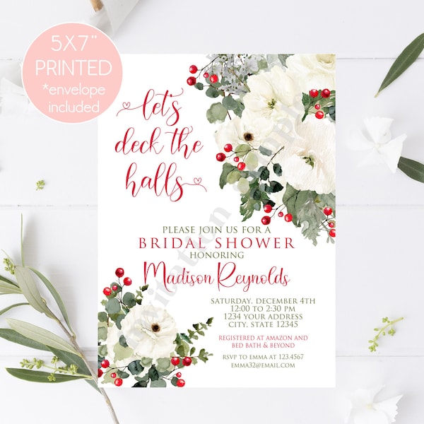 Custom Printed 5X7" Let's Deck the Halls Bridal Shower Invitations, Winter, Christmas Holiday Bridal Shower Invitation, with envelopes