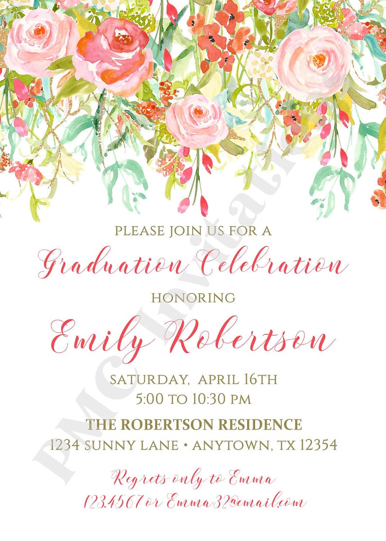Beautiful Watercolor Roses Flowers Floral Watercolor Rose Floral Girl Graduation Celebration Invitation Custom Printed 1.00 each