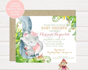 Custom PRINTED 4.25X5.5 Watercolor Pink, It's a Girl, Elephant, Baby Shower, Elephant Baby Shower Invitation, kraft or white envelope