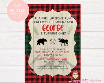 Custom PRINTED Lumberjack, Plaid, Wilderness, Forest, Wood, Flannel Birthday Invitations -  1.00 each with envelope