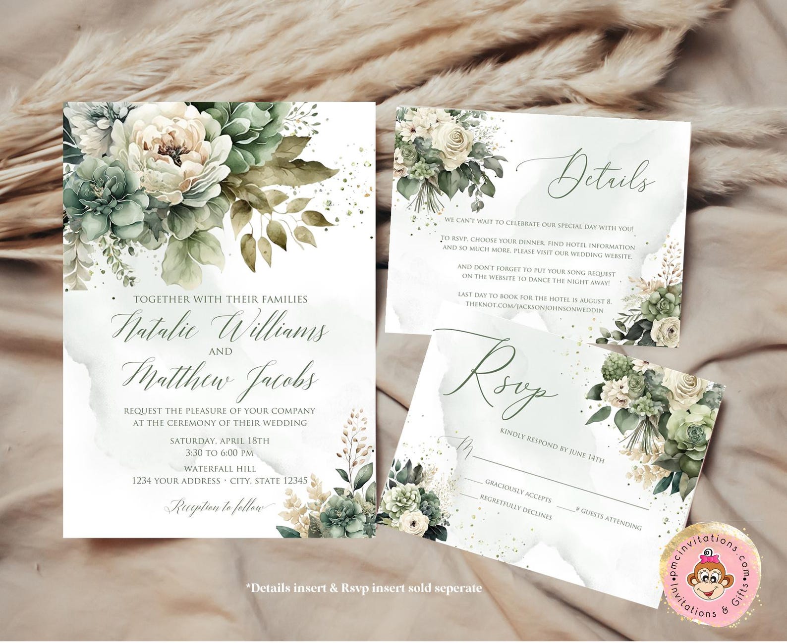 Printed/shipped 5X7 Sage Green Floral Wedding Invitation, Green Floral ...