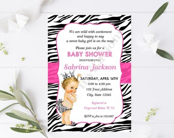 Custom Printed Shabby Chic, Antique, Vintage, Select hair/skin color, Pink Zebra Princess Baby Shower Invitations - 1.00 each w/envel
