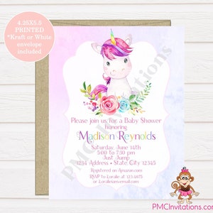 Custom PRINTED 4.25X5.5 Watercolor Pink Purple Floral, Unicorn Baby Shower Invitation, kraft or white envelope, FREE SHIPPING image 1