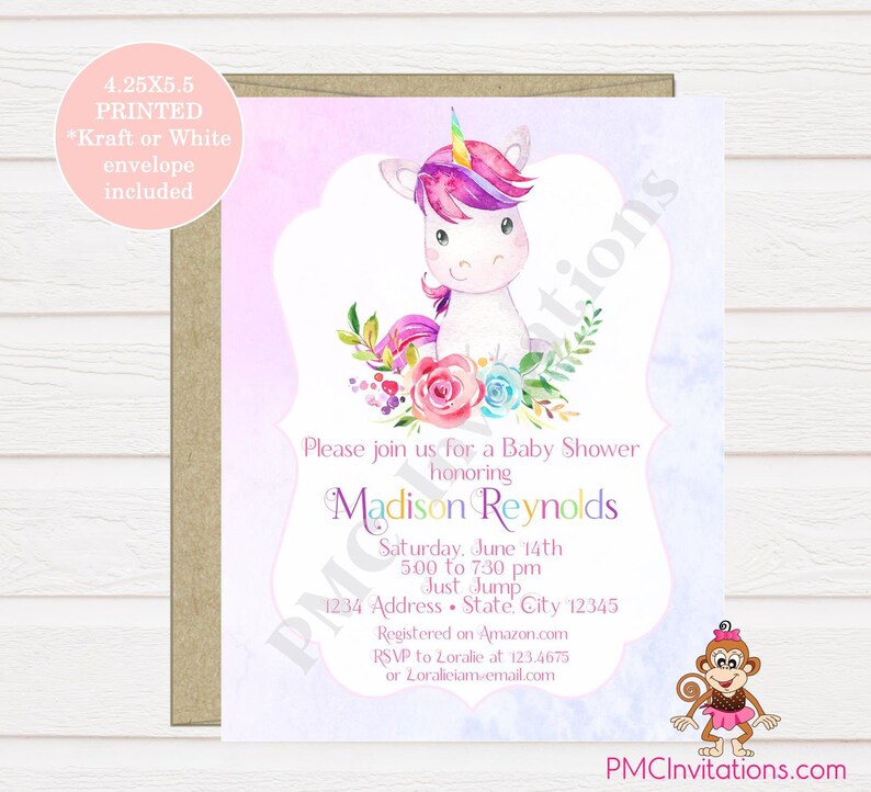 Custom PRINTED 4.25X5.5 Watercolor Pink Purple Floral, Unicorn Baby Shower Invitation, kraft or white envelope, FREE SHIPPING image 1