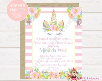 Custom PRINTED 4.25X5.5 Watercolor Pink Floral, Unicorn Face, Baby Shower, Unicorn Baby Shower Invitation, kraft or white envelope