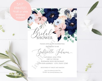 Custom Printed 5X7" Watercolor Navy Blush Pink Floral Bridal Shower Invitations, Navy Floral Bridal Shower Invitation, Blush Pink, with env.
