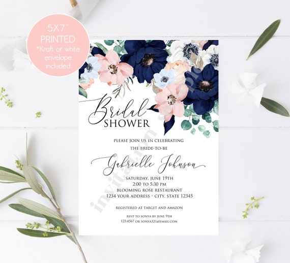 Custom Printed 5X7" Watercolor Navy Blush Pink Floral Bridal Shower Invitations, Navy Floral Bridal Shower Invitation, Blush Pink, with env. Il_570xn