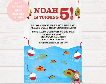 Custom Printed 5X7 Gone Fishing Birthday Invitations -  Fishing Birthday - Fish Birthday Invitation - 1.00 each with envelope