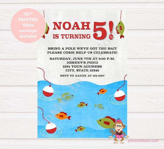 Custom Printed 5X7 Gone Fishing Birthday Invitations - Fishing Birthday -  Fish Birthday Invitation - 1.00 each with envelope