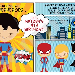 Custom Printed 5X7 Comic Superhero Birthday Invitations Superhero Birthday Superhero Party 1.00 each with envelope image 2