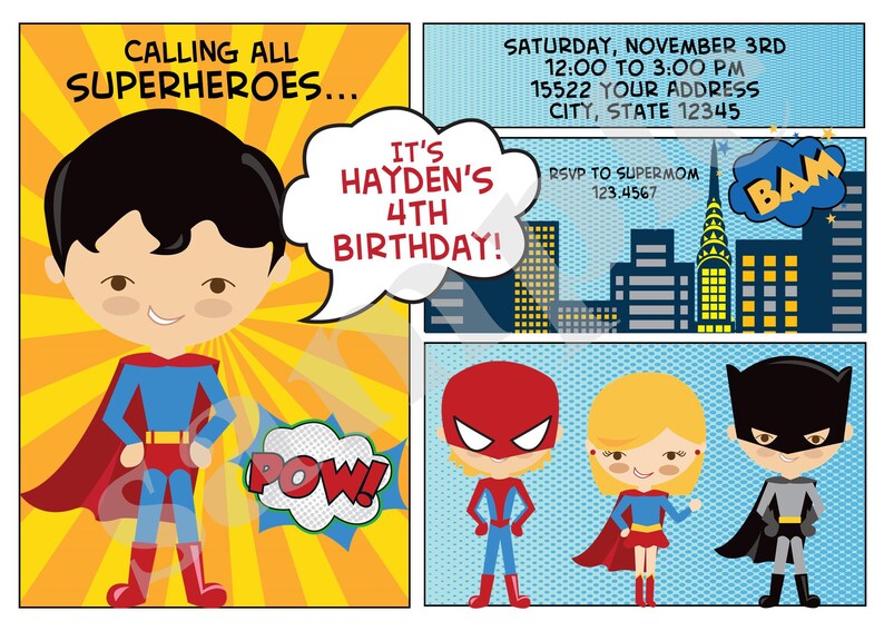 Custom Printed 5X7 Comic Superhero Birthday Invitations Superhero Birthday Superhero Party 1.00 each with envelope image 2