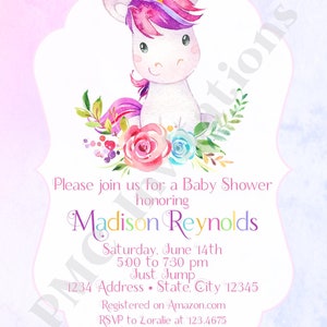 Custom PRINTED 4.25X5.5 Watercolor Pink Purple Floral, Unicorn Baby Shower Invitation, kraft or white envelope, FREE SHIPPING image 2