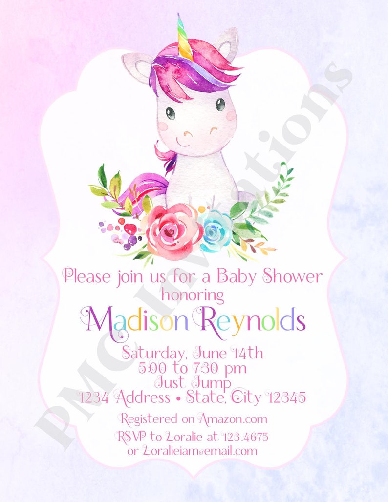 Custom PRINTED 4.25X5.5 Watercolor Pink Purple Floral, Unicorn Baby Shower Invitation, kraft or white envelope, FREE SHIPPING image 2