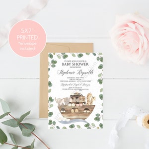 May include: A 5x7 inch printed baby shower invitation with a watercolor illustration of animals on a boat. The invitation is decorated with eucalyptus leaves and the text "Please join us for a baby shower honoring Stephanie Reynolds".