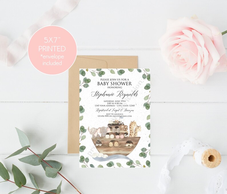 May include: A 5x7 inch printed baby shower invitation with a watercolor illustration of animals on a boat. The invitation is decorated with eucalyptus leaves and the text "Please join us for a baby shower honoring Stephanie Reynolds".