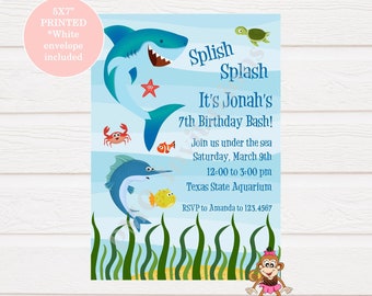 Custom Printed 5X7" Under the Sea, Underwater, Ocean Birthday Invitations, Splish Splash Under the Sea Birthday Invitation - Env included