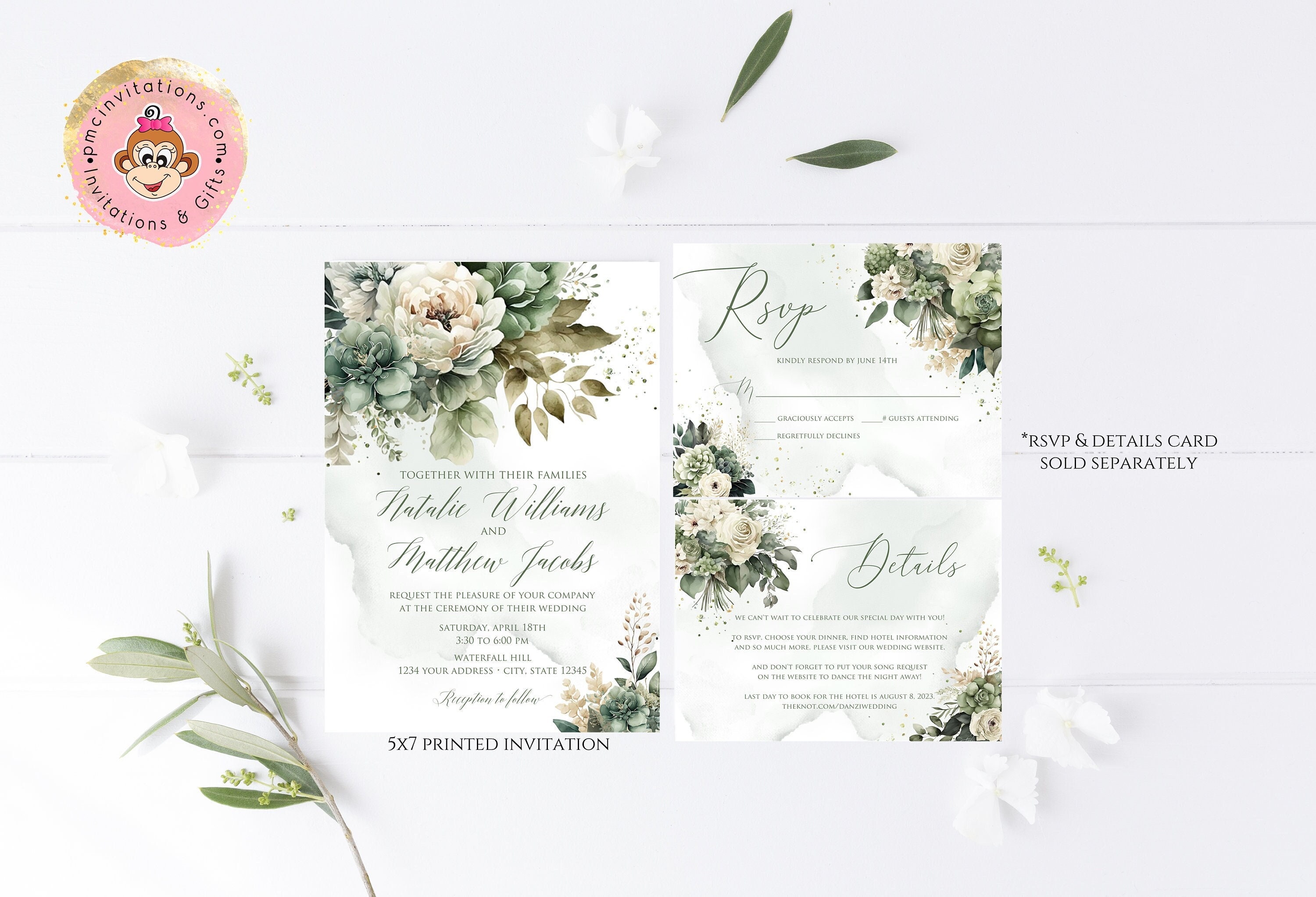 Printed/shipped 5X7 Sage Green Floral Wedding Invitation, Green Floral ...