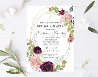 Custom Printed 5X7" Watercolor Pink Purple Floral Bridal Shower Invitations, Floral Bridal Shower Invitation, white or kraft envelopes