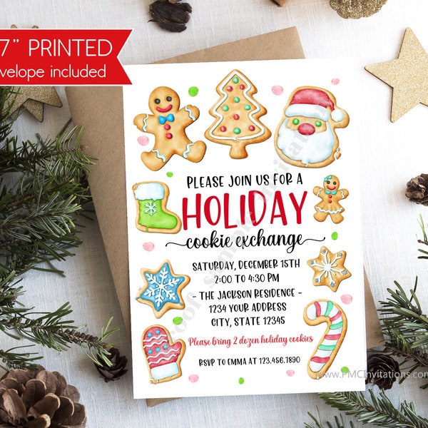 Custom PRINTED 5X7 Holiday Christmas Cookie Exchange Invitation, Holiday Cookies, kraft or white env. included