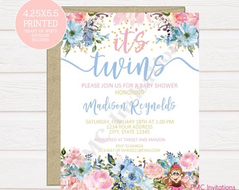 Custom PRINTED 4.25X5.5 Watercolor Blue Pink Floral Twins Baby Shower, Twin Baby Shower, Boy Girl Twins Invitation, kraft white envelopes