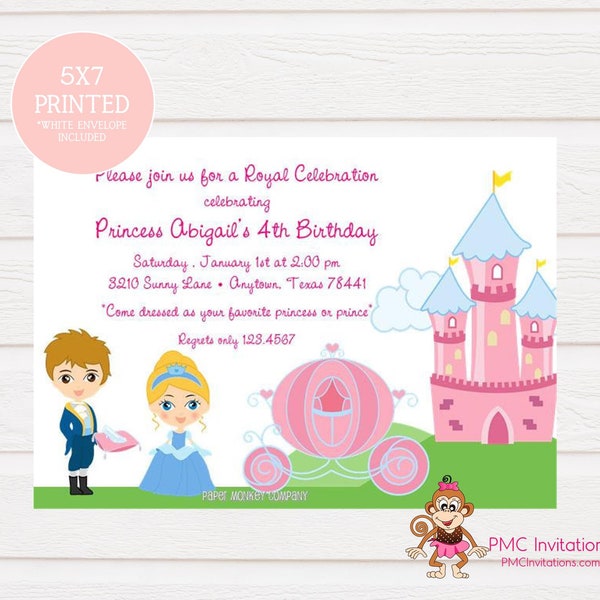 Custom Printed Princess Birthday Invitations - Princess Castle Carriage Invitations - 1.00 each with envelope