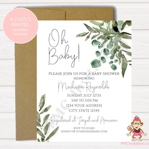 Custom PRINTED 4.25X5.5 Greenery, Boho, Boy, Girl, Gender Neutral Baby Shower invitation, kraft or white envelope included