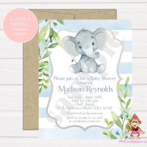 Custom PRINTED 4.25X5.5 Watercolor Blue Gray Boy Elephant Baby Shower Invitation, kraft or white envelope, FREE SHIPPING